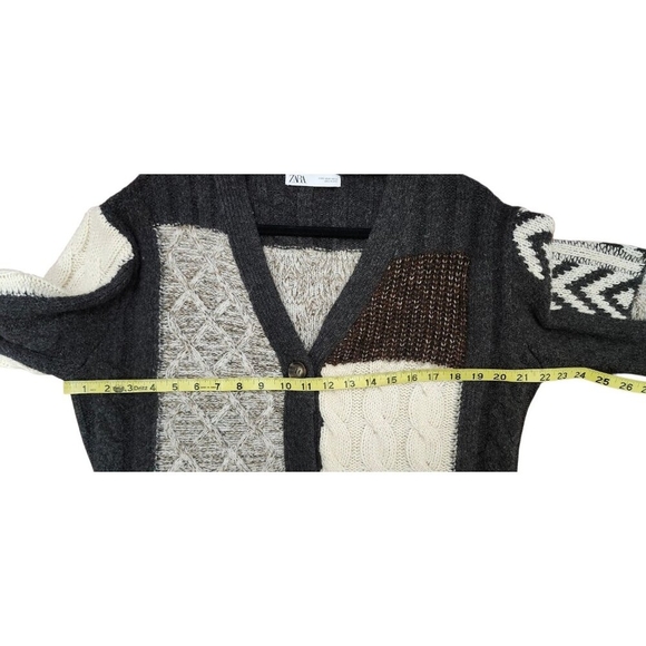Zara Patchwork Cardigan Sweater Womens Size S Brown Ivory Oversized Chunky - Picture 10 of 14